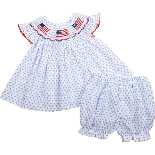 Blue Dot Smocked Flag Scalloped Bloomer Set | Cecil and Lou