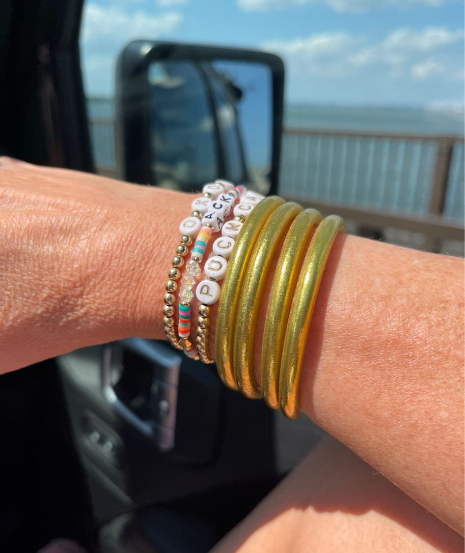 They NEVER come off! Literally the bracelets I wear in the shower, in the ocean, in the pool, while I work out, they even pass the TSA airplane check. I do not take these gold bangles off.  You will love for your arm stack! Everyone who wears these swears by them! 

#LTKGiftGuide #LTKtravel