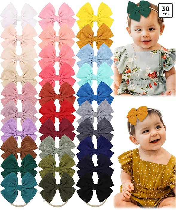 jollybows 30pcs Baby Girls Hair Bows Headband Nylon Hair Band Elastic Hair Accessories for Kids I... | Amazon (US)