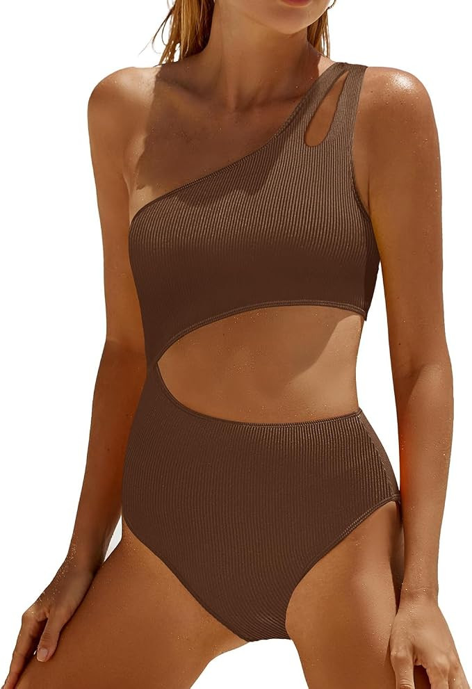 Yonique Cutout One Piece Swimsuit Women - One Shoulder Bathing Suit Ribbed Swimwear 2025 Monokini | Amazon (US)