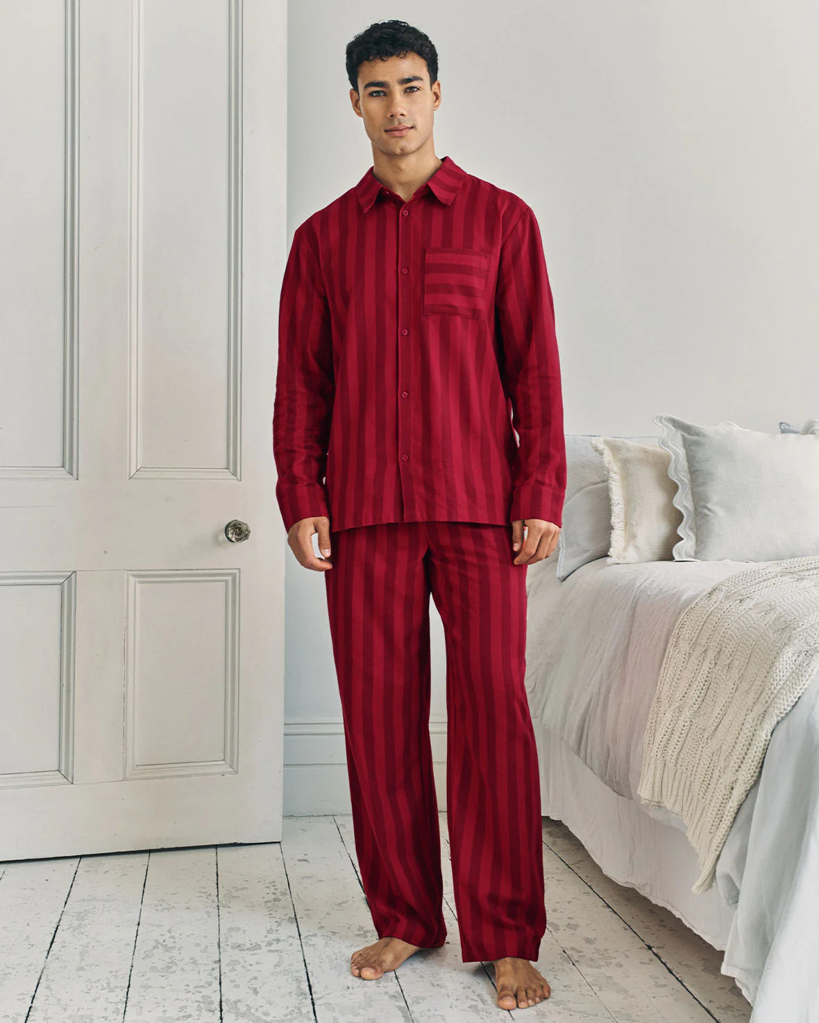 Organic Cotton Stripe Long Pyjama Set - Red | Chelsea Peers NYC