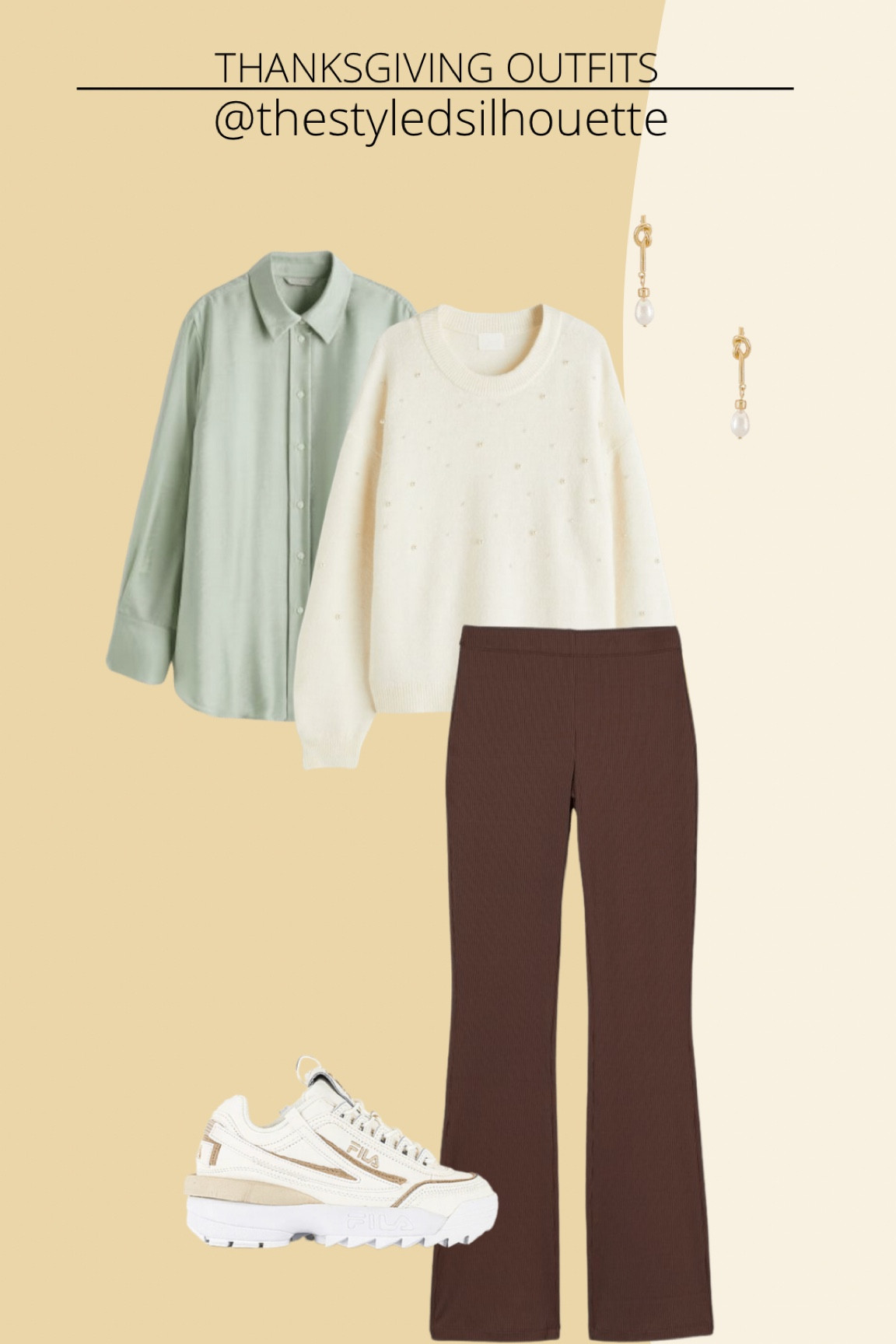 Thanksgiving outfit// green satin shirt// pearl sweater// pearl earrings// tan filas// brown ribbed pants 

#LTKstyletip #LTKHoliday #LTKSeasonal