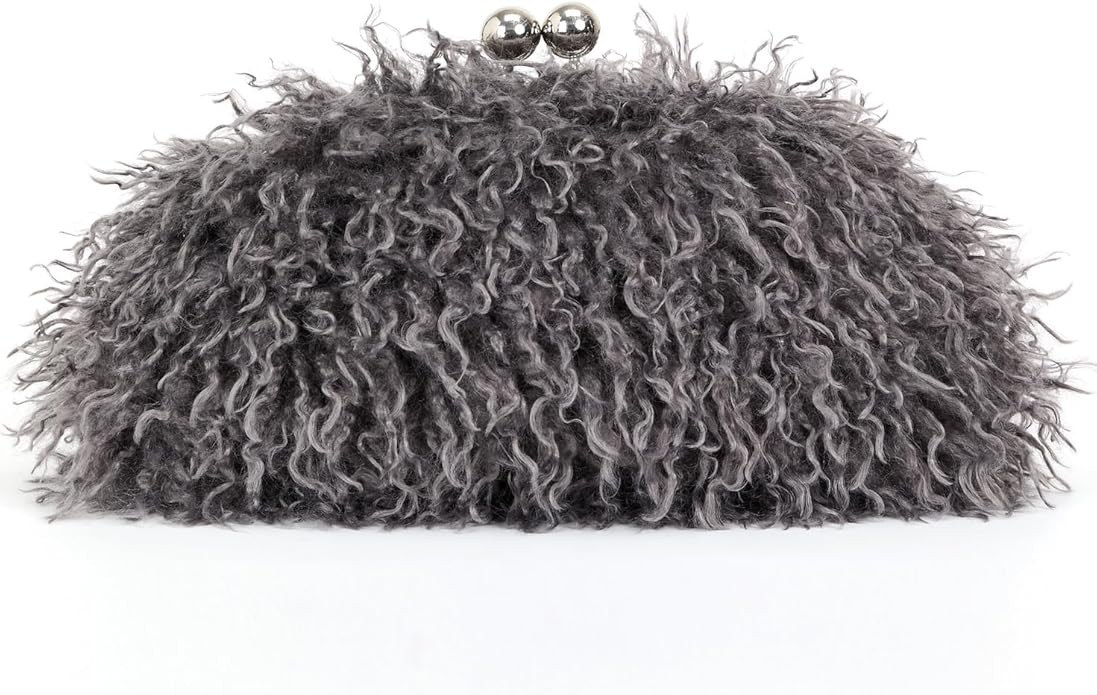 Women Faux Fur Kisslock frame pouch bag winter warm red bag clasp clutch bag with chain crossbody | Amazon (US)