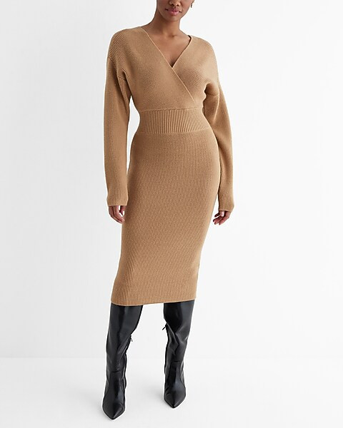 Ribbed V-neck Surplice Midi Sweater Dress | Express
