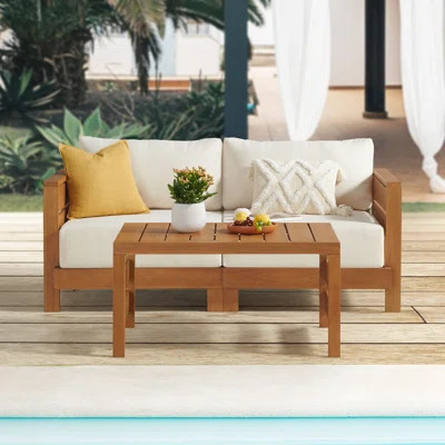 Barton 36"D Solid Wood 2 Seat Outdoor Couch 1 Pc Coffee Table Weather Stain Fade Resistant Cushions | Wayfair North America