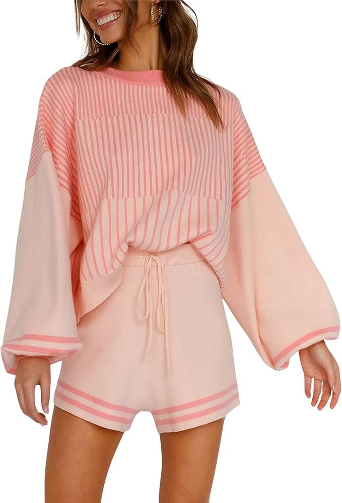 Himosyber 2 Piece Sweater Sets for Women Striped Knit Pullover Cute Short Sets Outfits | Amazon (US)