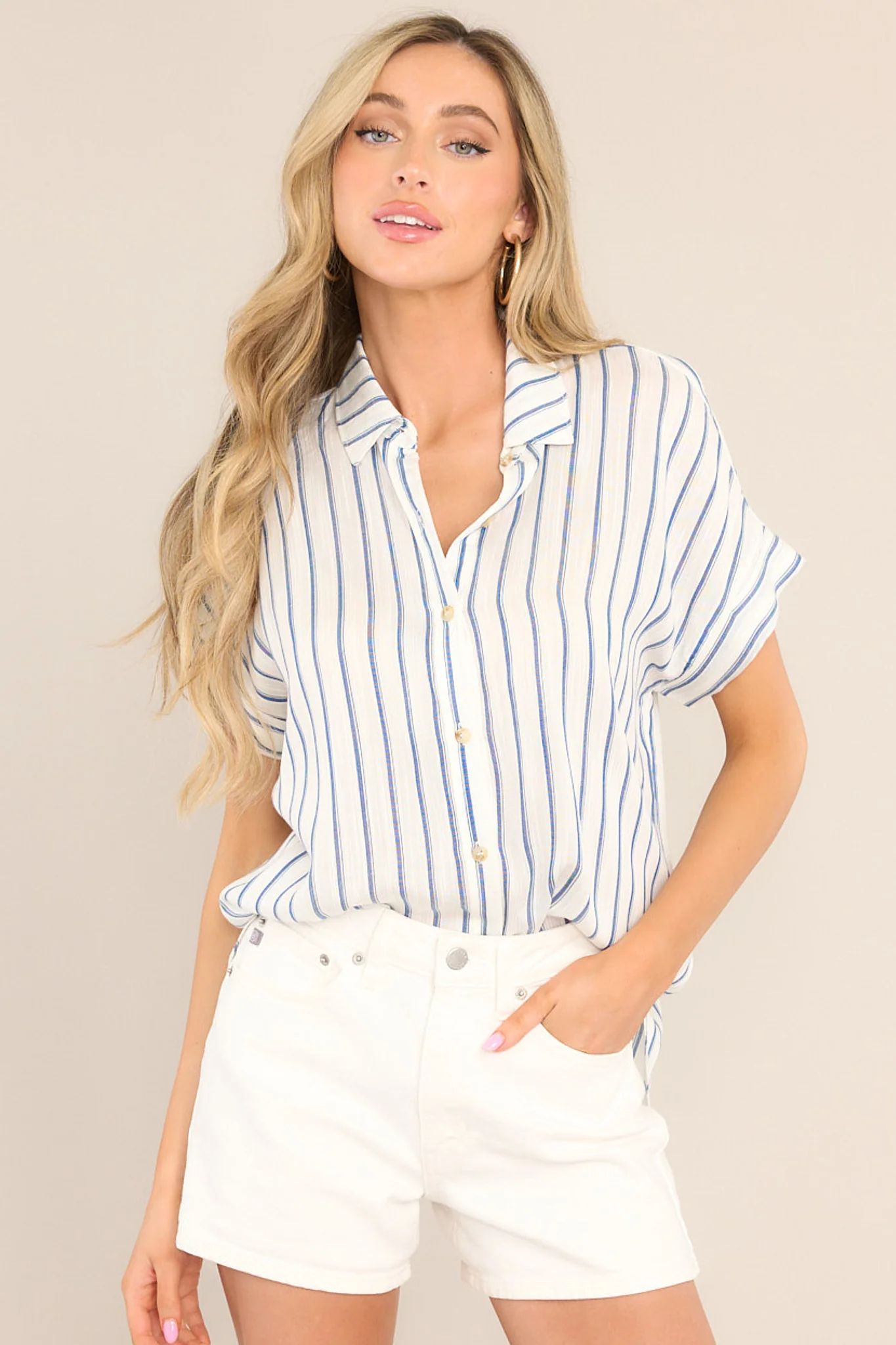 Get To Work Blue Striped Button Front Top | Red Dress