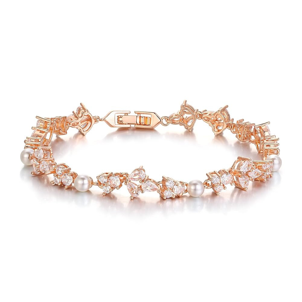Crysdue Cubic Zirconia Simulated Pearl Bridal Wedding Leaf Filigree Tennis Bracelet for Brides Br... | Amazon (US)