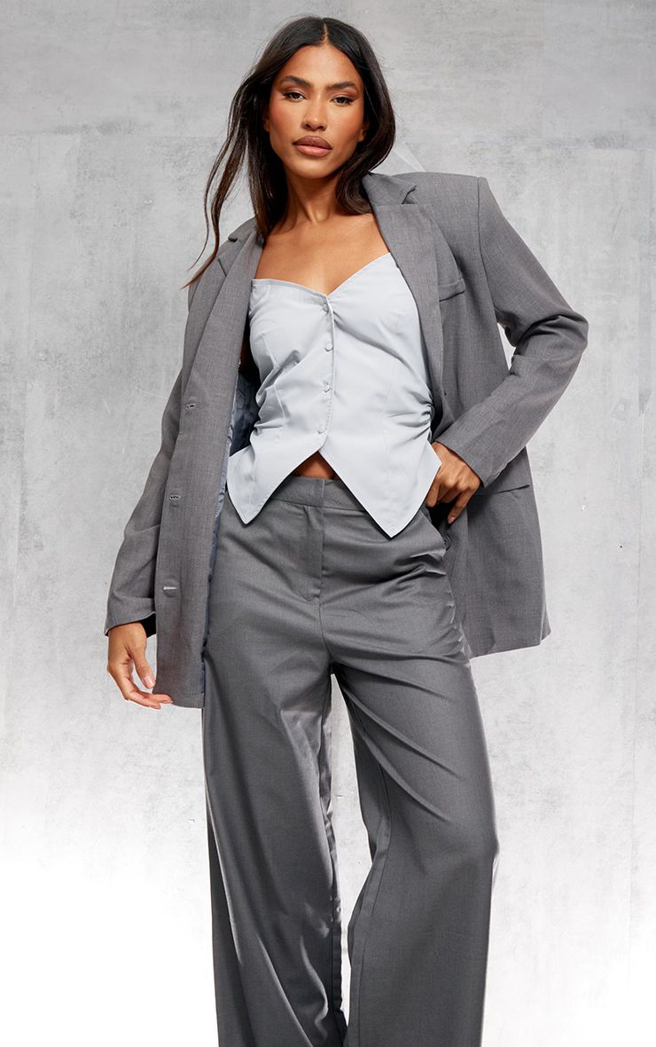 Grey Textured Look Shoulder Padded Oversized Blazer | PrettyLittleThing UK