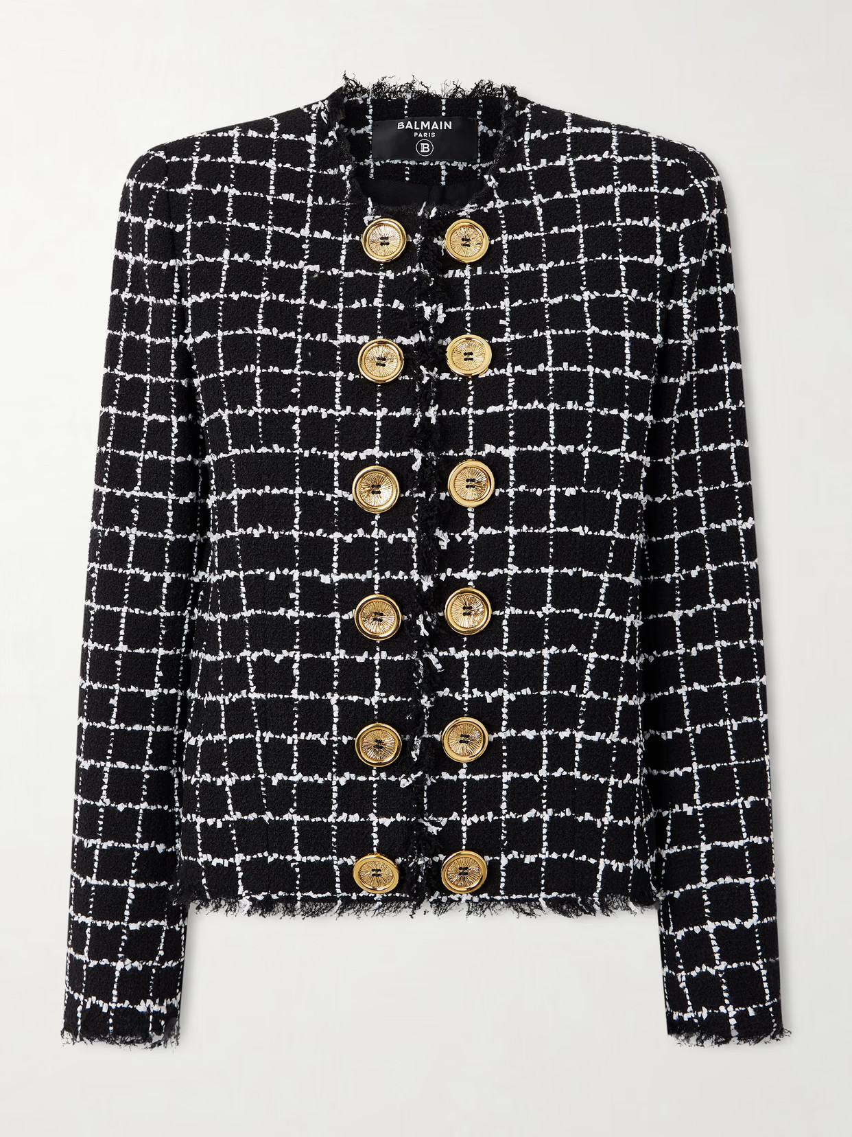 Balmain - Frayed Checked Bouclé-tweed Jacket - Black | NET-A-PORTER (US)
