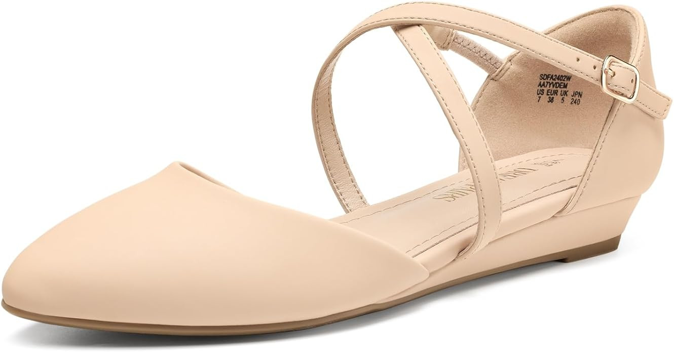DREAM PAIRS Pointed Toe Low Wedge Heeled Ankle Strap Flats Shoes for Women Dressy Comfortable, Ca... | Amazon (US)