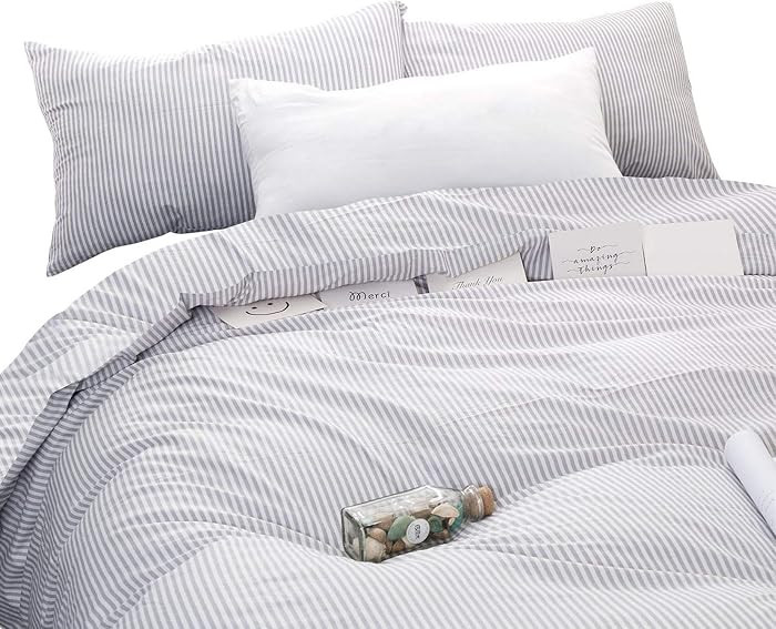 Wake In Cloud - Striped Cotton Duvet Cover Set, Ticking Stripe Pinstripe Farmhouse, 100% Cotton B... | Amazon (US)