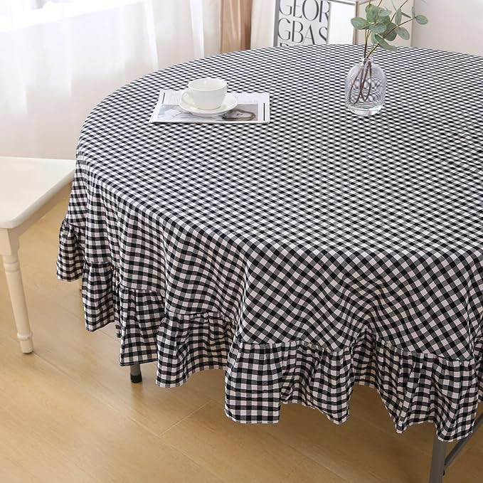 100% Cotton Black Plaid Ruffled Table Cloth Round Cover, Dia.70 in Farmhouse Checker Gingham Vint... | Amazon (US)