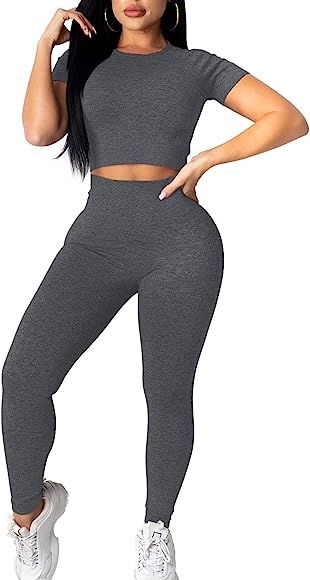 OYS Womens Yoga 2 Pieces Workout Outfits Seamless High Waist Leggings Sports Crop Top Running Set... | Amazon (US)