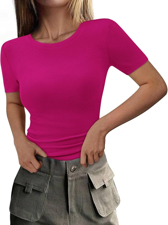 PRETTYGARDEN Women 2026 Summer Crew Neck Short Sleeve Tops Ribbed Knit Slim Fit Fashion Basic Tee... | Amazon (US)