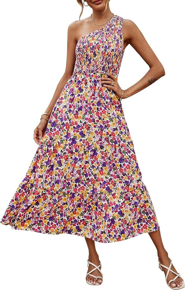 Women's Summer Casual One Shoulder Pleated Floral Print Maxi Dresses Sleeveless High Waist Smocked B | Amazon (US)