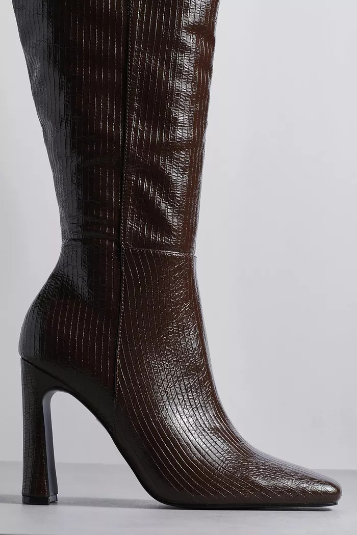 Square Toe Flared Heel Knee High Boots | Boohoo.com (UK & IE)