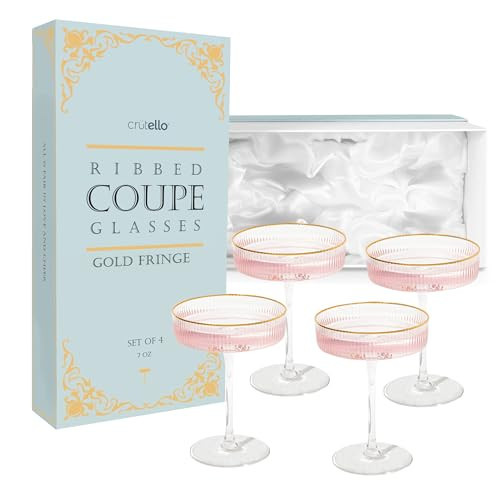 Crutello Champagne Coupe Glasses Set of 4, Gold Rim, 7oz Vintage Cocktail Glass, Ribbed Fluted Glassware for Champagne, Martini, Manhattan, Cosmopolitan, Spritz & Frozen Drinks | Amazon (US)