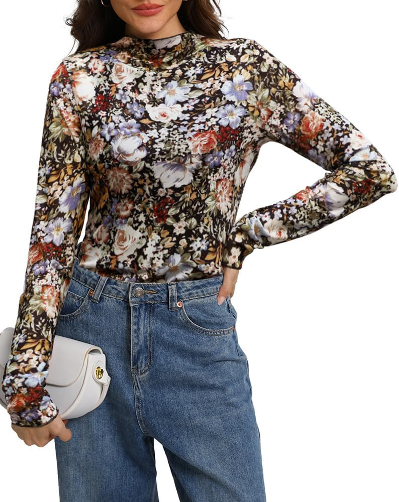 IWOLLENCE Women's Long Sleeve Mock Neck Lace Tops Sexy Floral Western See Through Blouse Sheer Me... | Amazon (US)