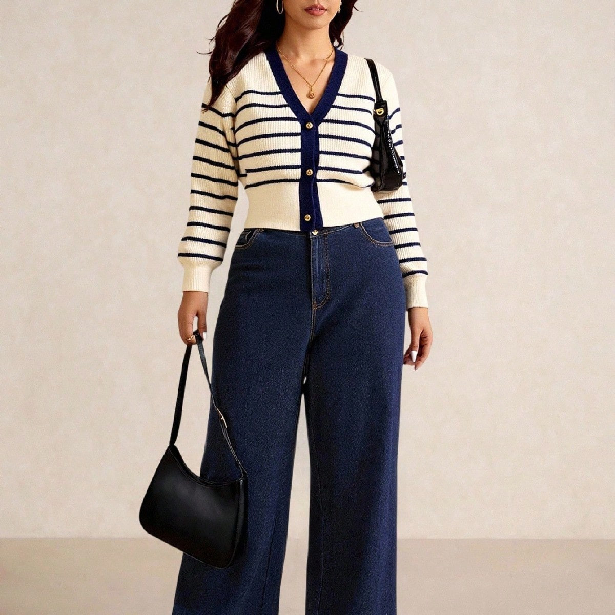 Elaquor Plus Size Women Casual Striped V-Neck Long Sleeve Cardigan In Fall/Winter | SHEIN UK | SHEIN