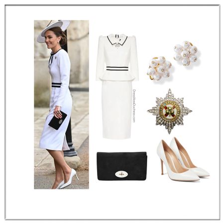 Kate Middleton trooping the Colour 2024 Jenny Packham sheath, Mulberry clutch, Cassandra Goad earrings