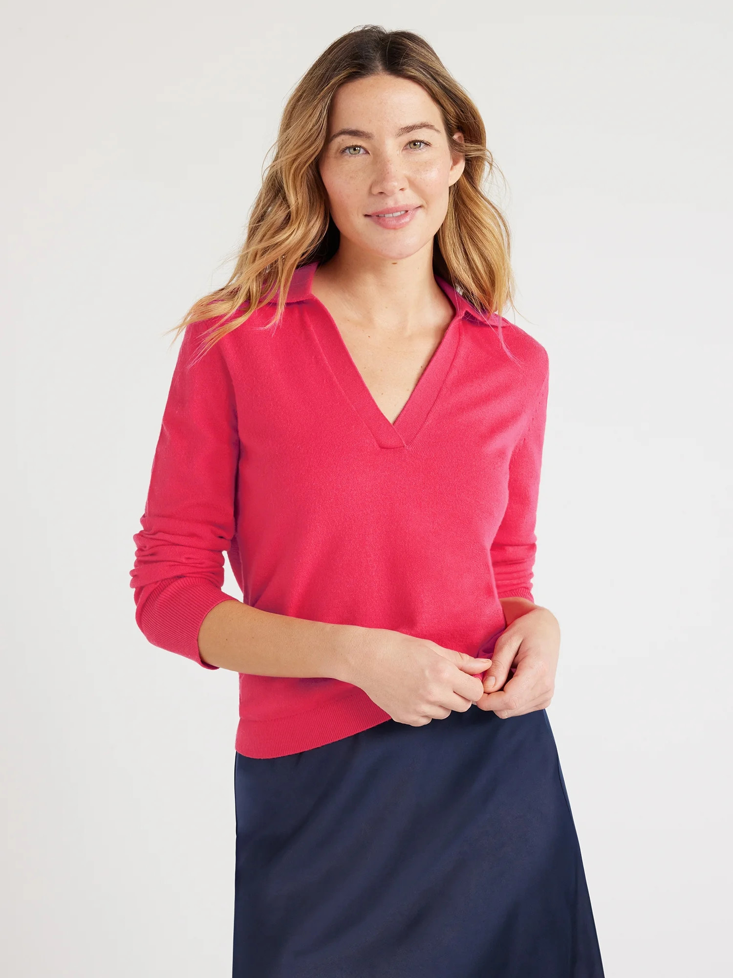 Free Assembly Easy Polo Sweater with Long Sleeves, Lightweight, Sizes XS-XXL | Walmart (US)