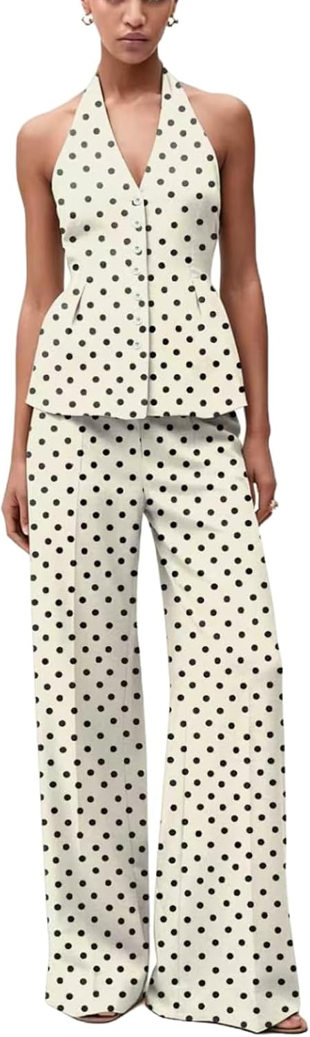 2 Piece Outfits for Women Pants Sets Zebra Print Halter Vest Top and Wide Leg Pants Dailywear Summer Vacation Sets | Amazon (US)