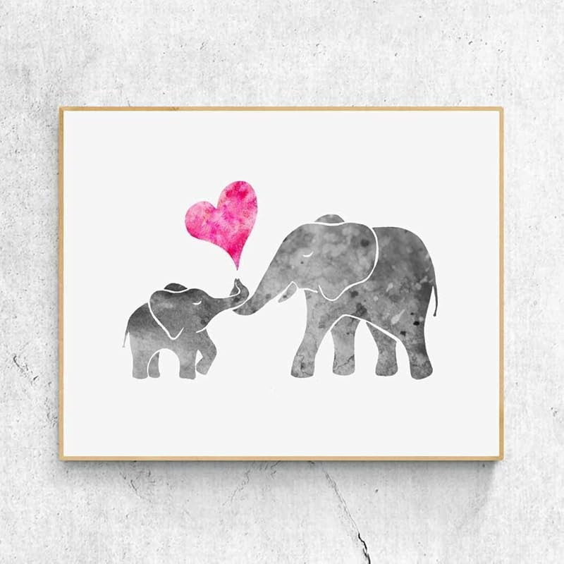 ZLKAPT Watercolor Grey Baby Elephant with Mom Art Print Painting Wall Art Pink Love Heart Cute Pi... | Amazon (US)