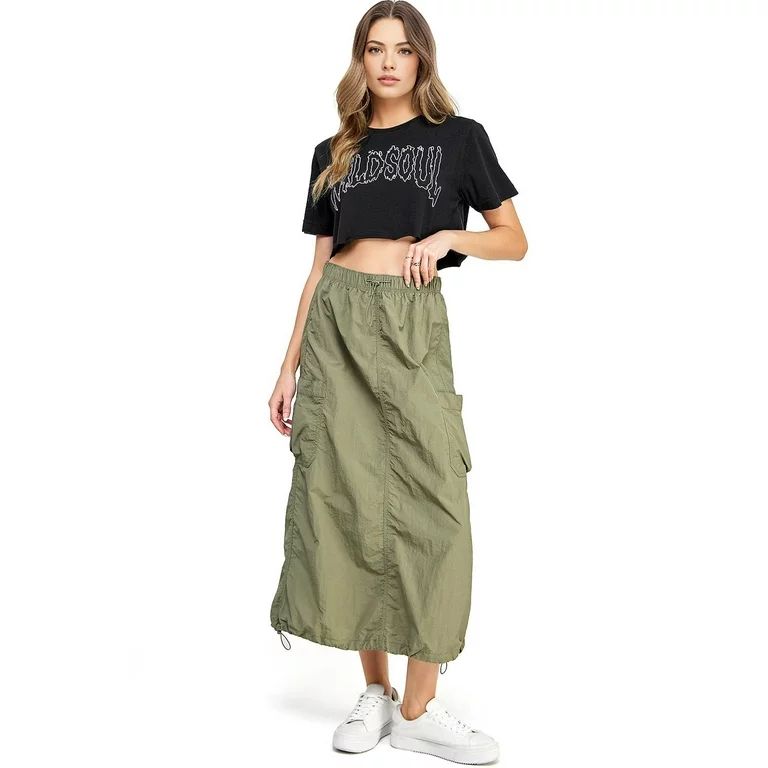 Love Tree Women's Juniors Nylon Parachute Cargo Maxi Skirt (Light Olive, Small) | Walmart (US)