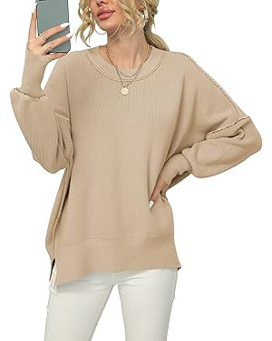 ANRABESS Women Crewneck Batwing Sleeve 2023 Fall Oversized Side Slit Ribbed Knit Pullover Sweater... | Amazon (US)