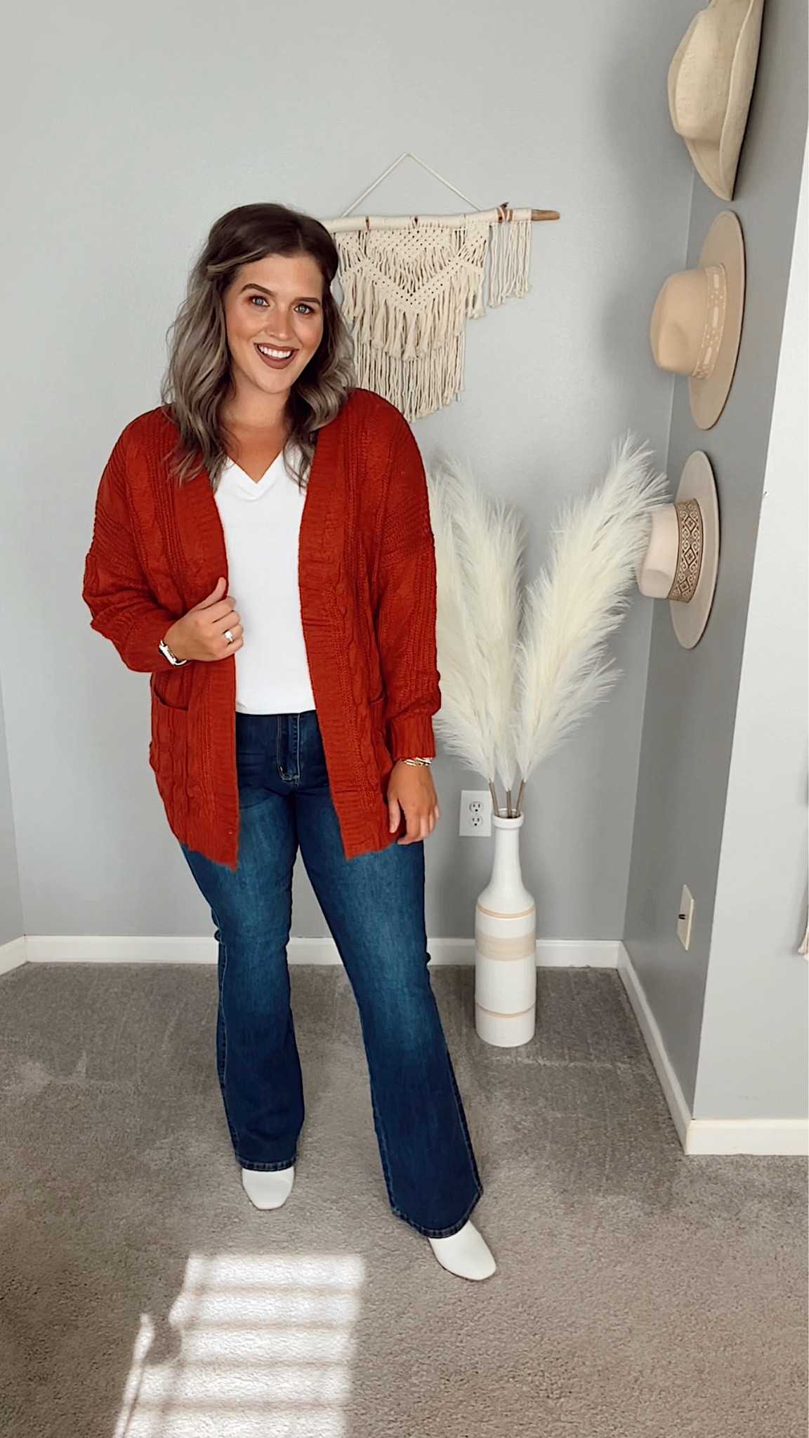Fall sweater outfit on Amazon 🍂 Thanksgiving OOTD 🍽️
Top/cardigan: L 
Jeans: 14
#ootd #fallfashion #fallstyle #midsizeoutfits #styleinspo #falloutfitideas #sweater #boots #booties #blouse #cardigan #jeans #denim #flarejeans #whiteboots #thanksgivingoutfits

#LTKHoliday #LTKcurves #LTKSeasonal