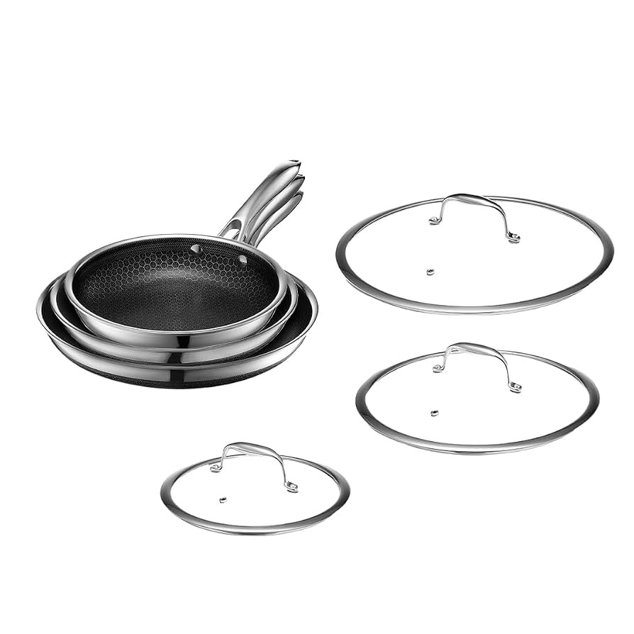 HexClad Hybrid Nonstick 6-Piece Fry Pan Set, 8, 10, and 12-Inch Frying Pans with Tempered Glass L... | Amazon (US)