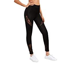 SweatyRocks Women's Stretchy Skinny Sheer Mesh Insert Workout Leggings Yoga Tights | Amazon (US)