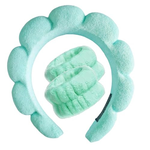 VNIHTT Spa Headband for Washing Face Wristband Set Sponge Makeup Skincare,Terry Cloth Bubble Soft Get Ready Hairband for Women Girl Puffy Padded Headwear(Light Lake Green) | Amazon (US)