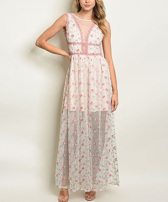 The Balec Group Women's Maxi Dresses BLUSH - Blush Floral-Lace Sheer-Overlay V-Neck Dress - Women | Zulily