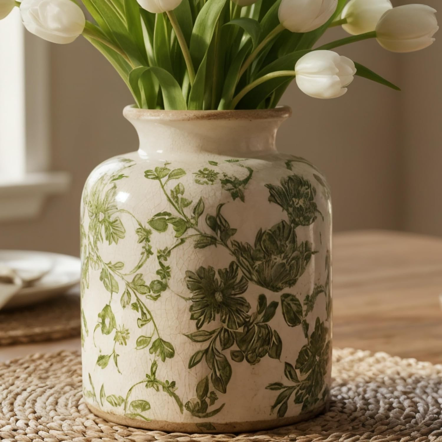 Vintage Green Crackle Glaze Ceramic Flower Vase, 6” Small Rustic Pottery Decorative Botanical Vase with Distressed Beige Rim French Country Farmhouse Cottage Tabletop & Mantel Home Decor | Amazon (US)