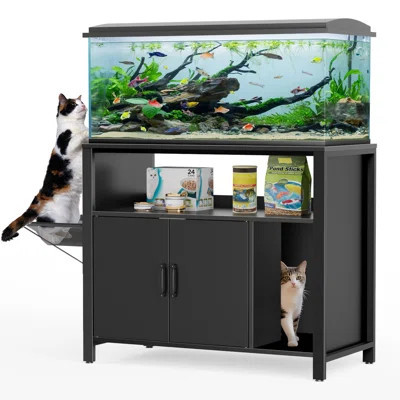 40–50 Gallon Fish Tank Stand With Hidden Litter Box Cabinet And Cat Perch | Wayfair North America