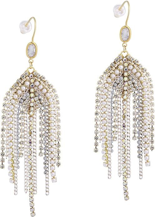 Fringe Hook Dangling Earrings,Long Bohemian Handmade Beaded Cubic Zirconia Crystal Statement Boho... | Amazon (US)