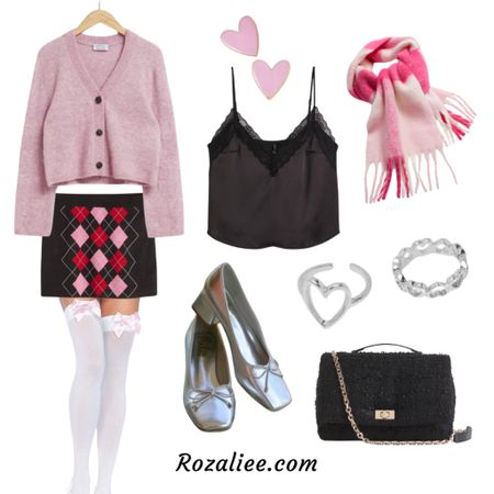 Coquette Outfit #10

Pink coquette outfit
Pink cardigan pink knitted cardigan
Black lace trimmed satin camisole top
Plaid mini skirt checked mini skirt knit mini skirt
White thigh high stockings bow thigh high stockings
Silver metallic bow low heel ballet shoes pumps
Black Textured shoulder bag with chain
Pink Checked scarf
Pink Heart stud earrings
Silver heart rings

#LTKshoecrush #LTKfindsunder100 #LTKstyletip