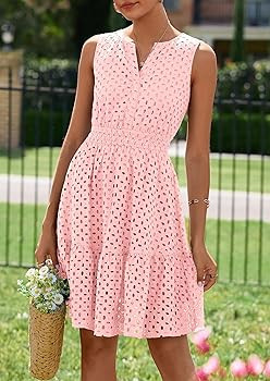 PRETTYGARDEN Women's Summer Dresses 2026 Sleeveless V Neck Eyelet Hollow Out Swing A Line Beach V... | Amazon (US)