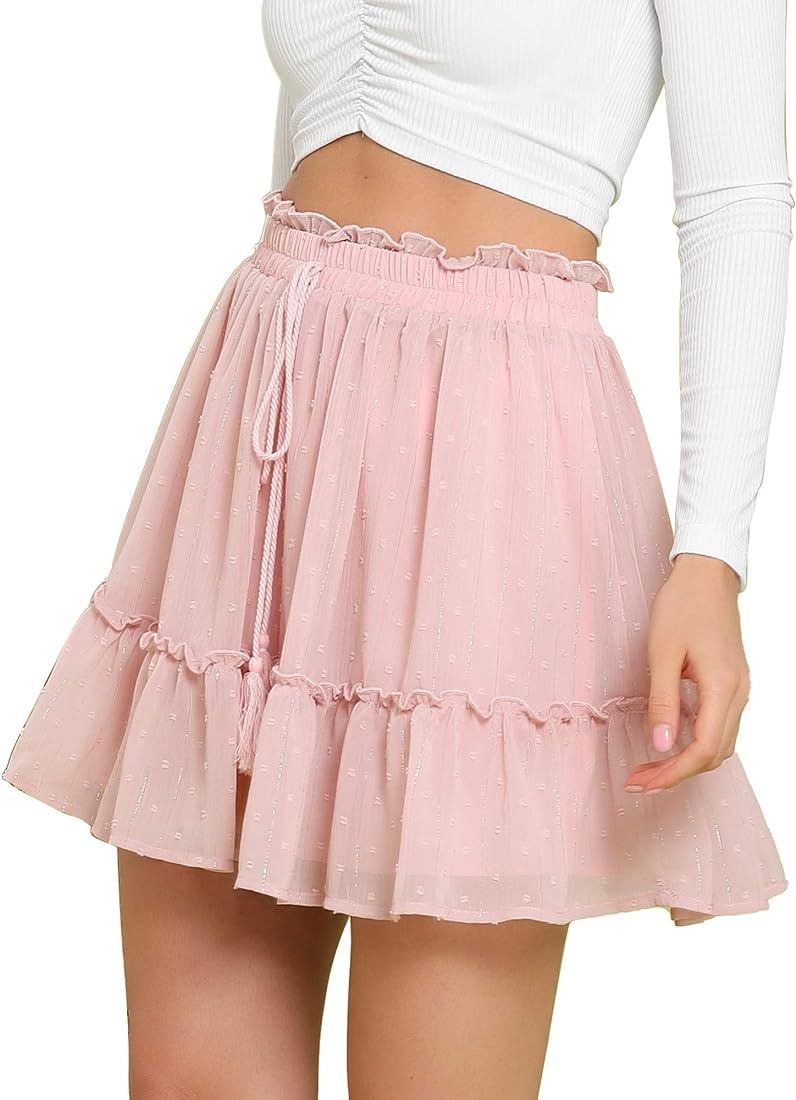 Allegra K Women's Summer Ruffle Boho Flared Layered Swiss Dots Mini Tiered Skirt | Amazon (US)