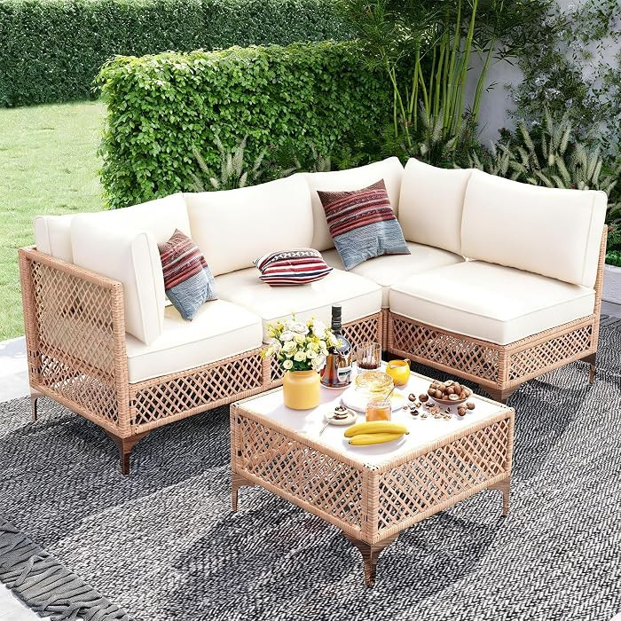 Outdoor Patio Furniture Set, Wicker Outdoor Sectional Set, Boho Patio Conversation Sectional Sofa... | Amazon (US)