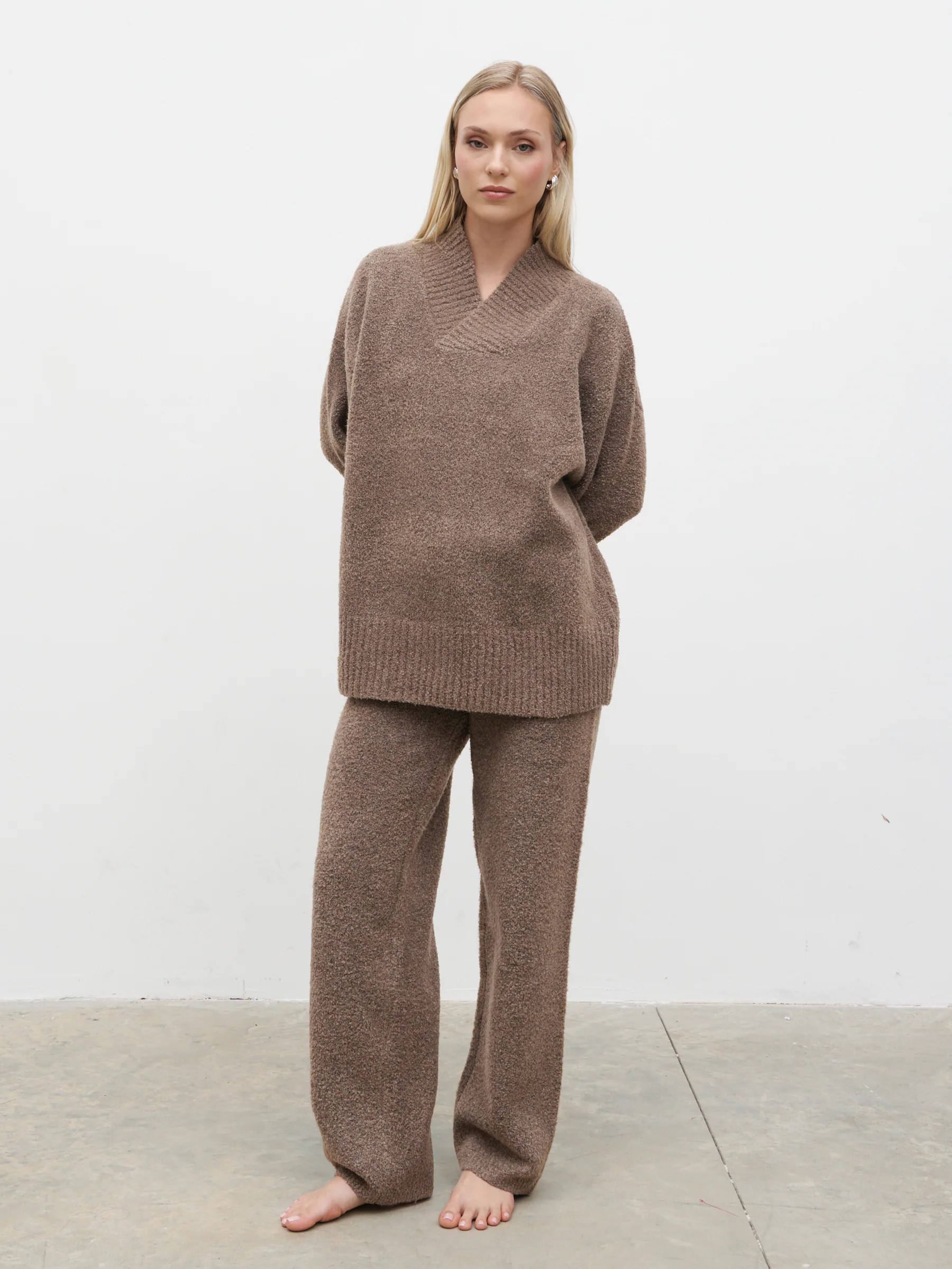 Camille V Neck Oversized Borg Jumper - Mocha | Pretty Lavish (UK)