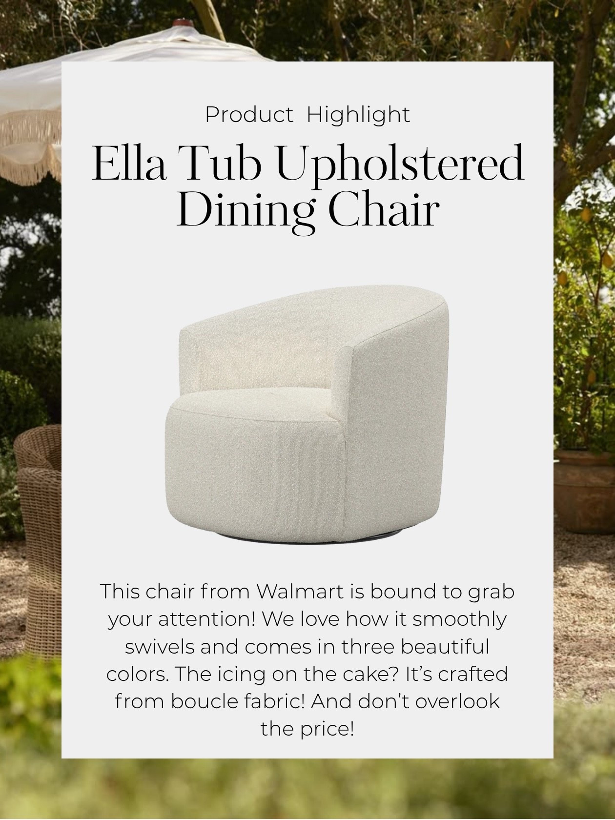 This chair from Walmart is bound to grab your attention! We love its smooth swivel, the fact that it comes in three gorgeous colors, and the best part, it’s crafted from cozy boucle fabric! And honestly… the price makes it even sweeter.

#WalmartFinds #WalmartHome #WalmartDecor #BoucleChair #HomeDecorInspo #InteriorInspo #CozyHomeVibes #HomeDesign #AffordableHomeDecor #SwivelChair #FurnitureFinds

#LTKHome #LTKStyleTip #LTKU