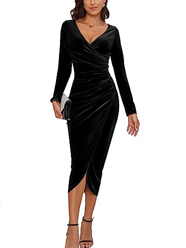 CYiNu Women's V Neck Wrap Velvet Long Sleeve Elegant Bodycon Ruched Cocktail Party Maxi Dress | Amazon (US)