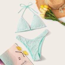 Lace Overlay Halter Triangle High Cut Bikini Swimsuit | SHEIN