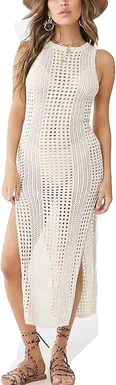 Bsubseach Women Lace Up V Neck Long Sleeve Crochet Swimsuit Cover Up Dress | Amazon (US)