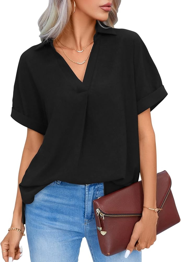 Blooming Jelly Womens Dressy Casual Blouses V Neck Collared Short Sleeve Tunic Tops Chiffon Cute ... | Amazon (US)