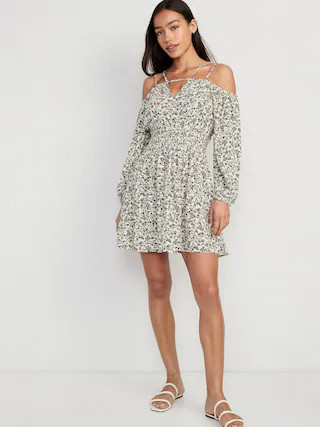 Waist-Defined Floral Cold-Shoulder Cutout Smocked Mini Dress for Women | Old Navy (US)