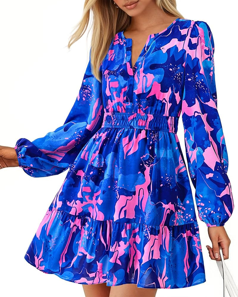 BTFBM Fall Dresses for Women 2025 V Neck Long Sleeve Elastic Waist Boho Beach Vacation Clothes Fl... | Amazon (US)